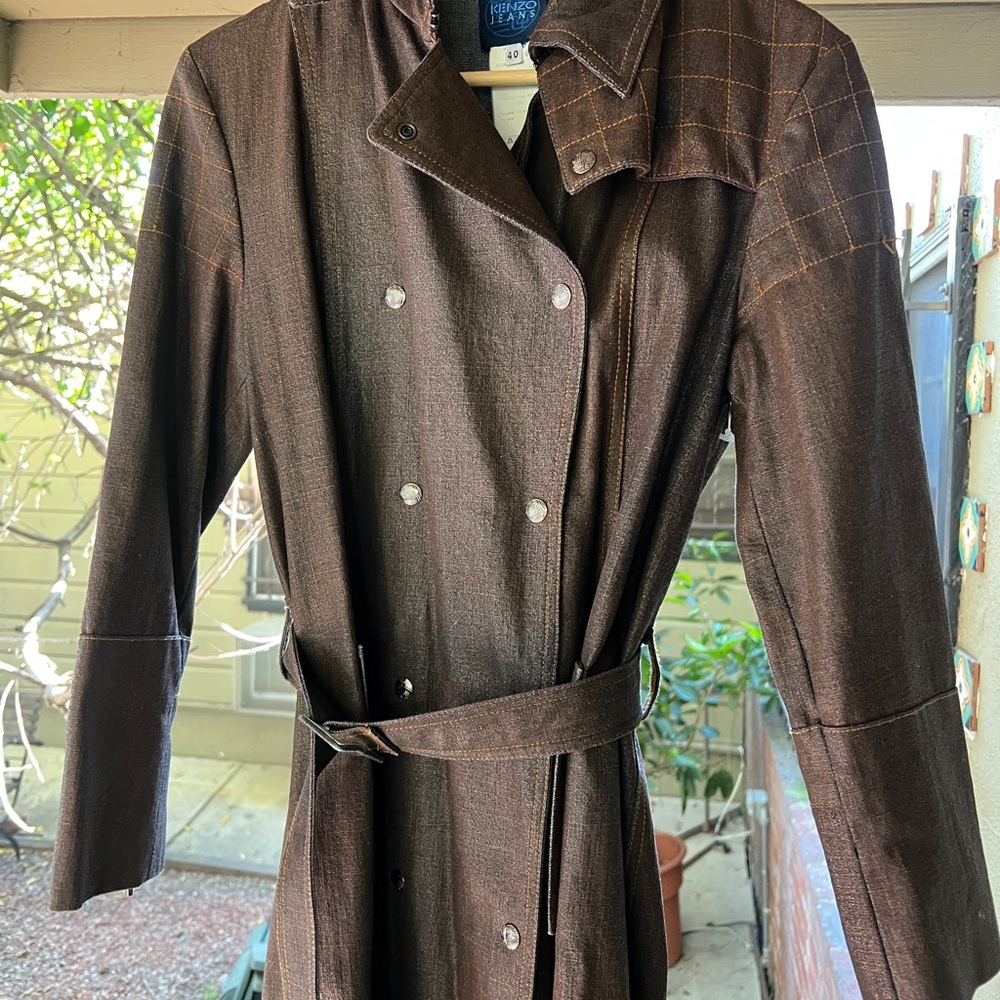 Vintage KENZO Size 40 Dark Brown Denim Trench Coat